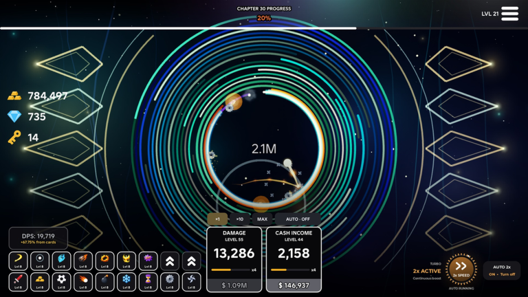 Idle Ball Escape gameplay showing a ball bouncing inside layered neon rings with upgrade controls.