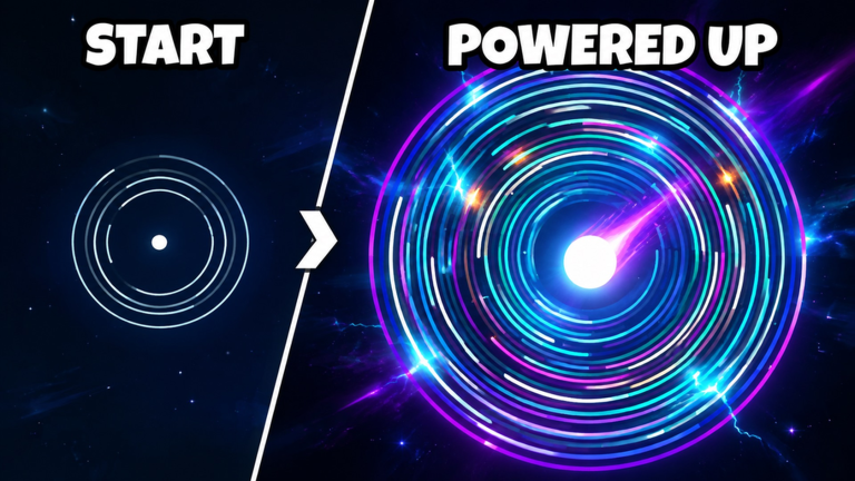 Idle Ball Escape artwork comparing a starting ball with a fully powered-up ring.