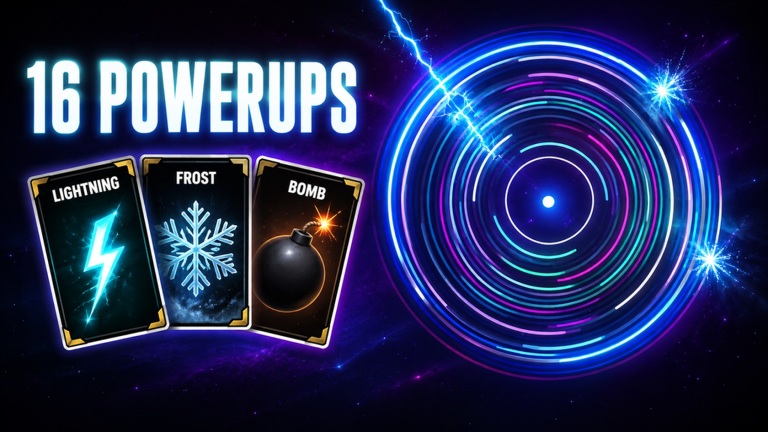 Idle Ball Escape artwork announcing 16 powerups, with Lightning, Frost, and Bomb cards.